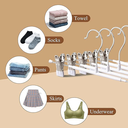 100PACK Pants Hangers with Clips Adjustable Skirt Hangers for Women White Metal Non-Slip Trousers Hanger Heavy Duty Space Saving Clothes Hanger for Shorts,Jeans,12Inch