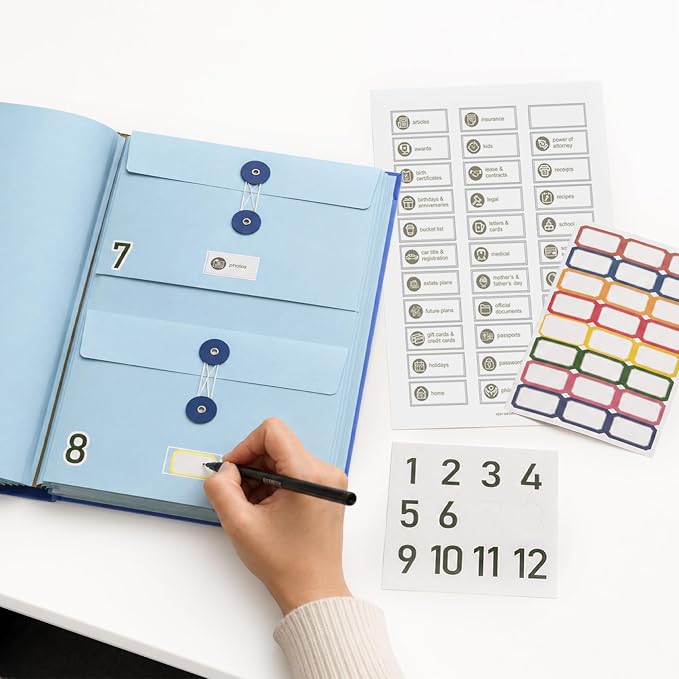 Important Document Organizer - Binder File Folder with Blank & Pre-Printed Common Category Labels, 12 Envelopes, Ideal for IDs, Medical Records, Life’s Milestones, Insurance & Tax, Estate Planning