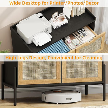4 Drawer File Cabinet, Rattan Lateral Filing Cabinet Fits Files Letter or A4 Size, Wooden Printer Stand for Home Office, Oak and Black