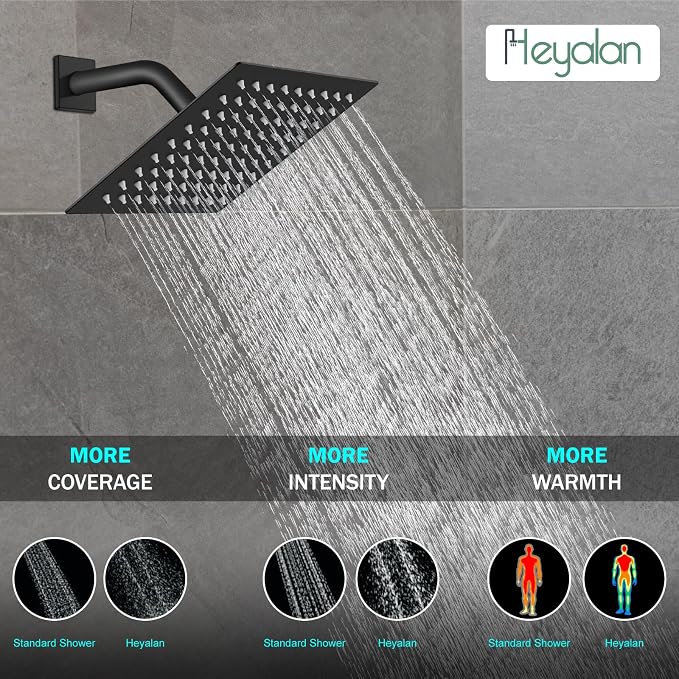 Heyalan Shower Faucet Set with Valve, Bathroom Rainfall Shower System, Wall Mount Single Handle Shower Trim Kit, Rainfall Fixed Shower Head, 8 Inch Square Shower Head, Matte Black