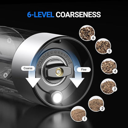 ThermoMaven 110ml Rechargeable Electric Salt and Pepper Grinder Set - 6 Adjustable Coarseness, Washable Parts, Built - in LED for Easy and Accurate Grinding, 2 Packs, Pearly White