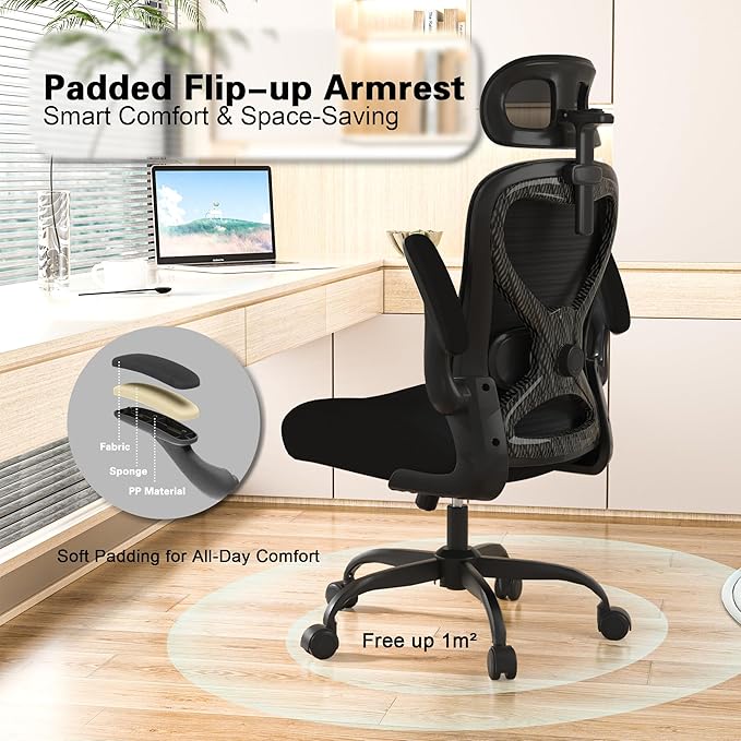 Office Chair for Back & Neck Pain Relief, Virgin Foam Seat, 2D Adjustable Lumbar & 3D Headrest, Flip-Up Armrests, Tilt & Rock for Relaxation (English, Black/Carbon Fiber)