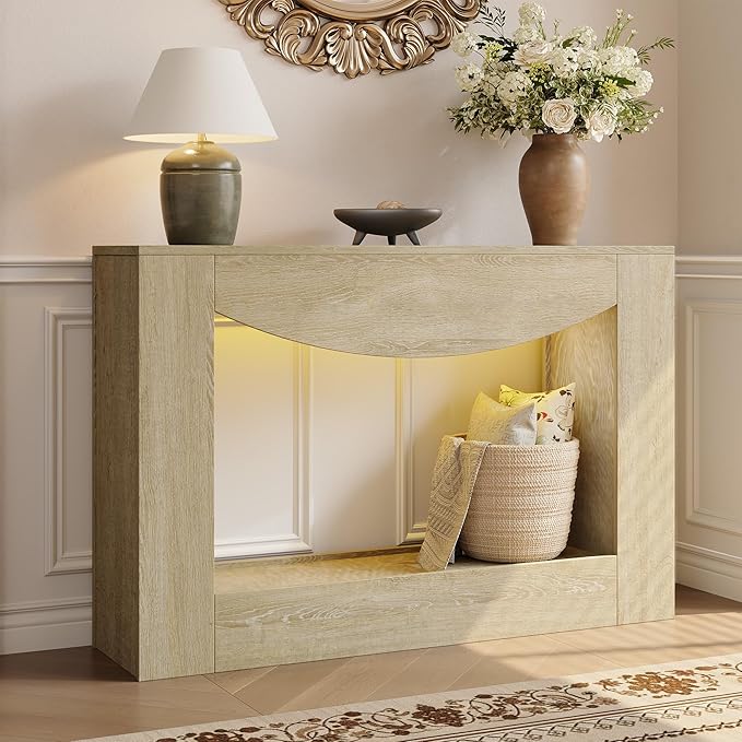 Farmhouse Console Table, 47 Inches Entryway Console Table with LED Light, Sofa Table Behind Couch, Wooden Accent Entryway Table for Living Room, Hallway