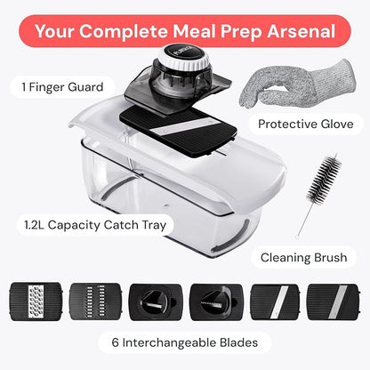 Fullstar Mandoline Slicer for Kitchen, Fruit Cutter, Cheese Grater, Cucumber Slicer, Veggie Spiralizer, Food Cutter & Kitchen Gadgets & Gifts with Safety Glove (6 in 1, White)