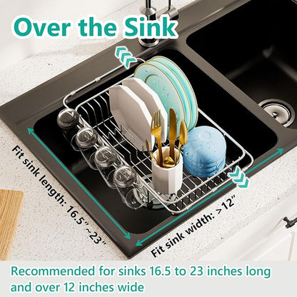 AIDERLY Dish Drying Rack in Sink Expandable Stainless Steel Kitchen Dish Drainer with 4 Cup Holders, Silver