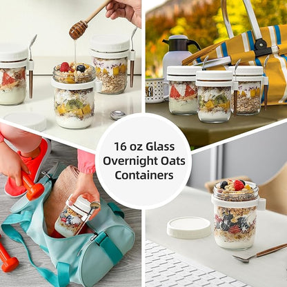 LANDNEOO 4 Pack Overnight Oats Containers with Lids and Spoons, 16 oz Glass Mason Jars with Airtight Lids, Overnight Oats Jars for Milk, Cereal, Fruit-White