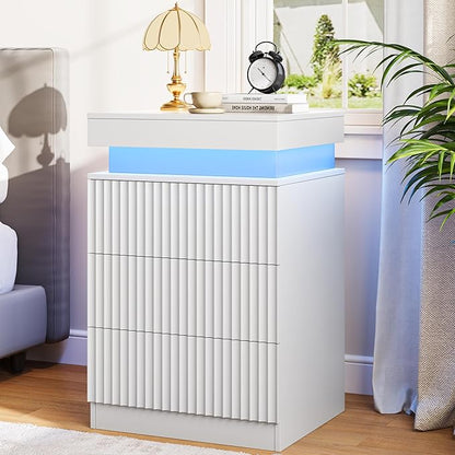 Nightstands Set of 2 with Charging Station & LED Lights, Modern Small Fluted Bedside & End Tables with 3 Drawers, Sliding Top & Hidden Storage, Wooden Farmhouse Night Stand for Bedroom Office,White