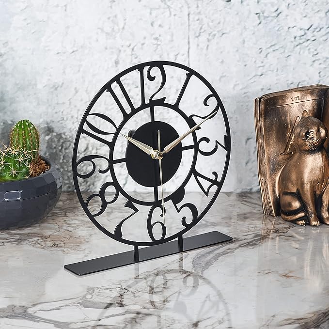 muyika 8.9x9.5 Metal Desk Clock, Black Round Silent Non-Ticking Analog Table Clock, Battery Operated, Decorative Desk and Shelf Clock, Desk Clocks for Living Room Bedroom Kitchen Office School