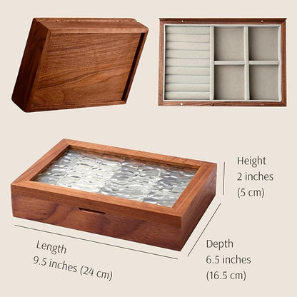 Wooden Jewelry Box for Women, Medium Size Natural Solid Walnut Wood Vintage Trinket Organizer with Large Storage, Ring Compartments, Built in Necklace Hooks, Glass Lid, ek06-m-walnut