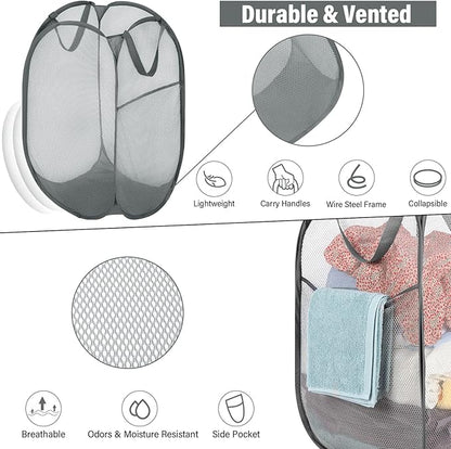 BATTOO Deluxe Strong Mesh Pop up Laundry Hamper Basket with Side Pocket for Laundry Room, Bathroom, Kids Room, College Dorm or Travel 2 Pack White