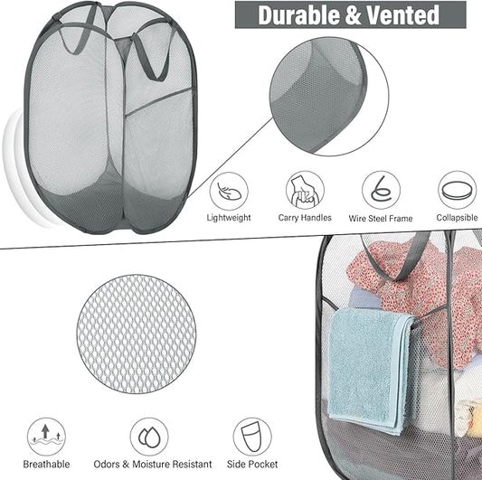 BATTOO Deluxe Strong Mesh Pop up Laundry Hamper Basket with Side Pocket for Laundry Room, Bathroom, Kids Room, College Dorm or Travel 2 Pack White