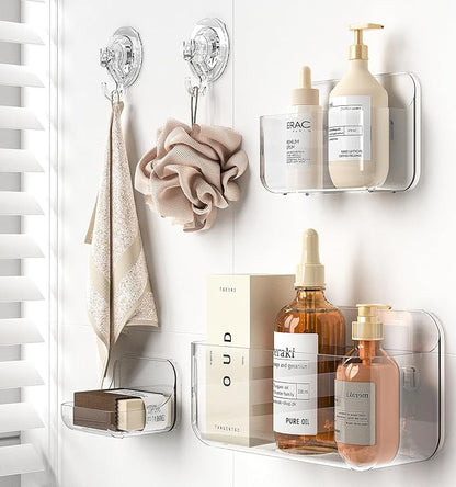 Shower Shelves, 5 Pack Adhesive Clear Acrylic Bathroom Shower Organizer Caddy, Transparent No Drilling Wall Mount Bathroom Storage with Soap Holder and Hooks