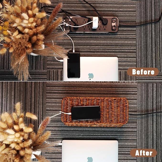 BROWNLILY Cable Management Box, Rattan Style Cord Organizer for Desk Cord Hider Outlet Covers for Power Strip TV PC Router Charger Under Desk Storage with Lockable Lid and Cable Ties