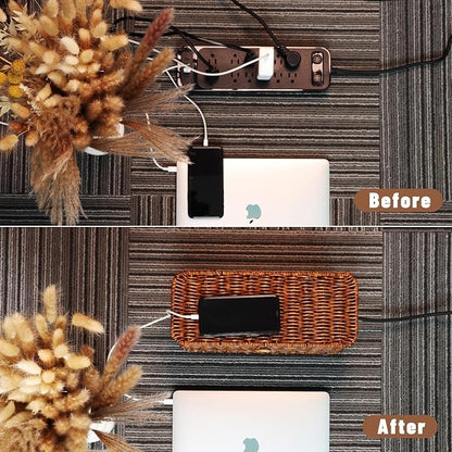 BROWNLILY Cable Management Box, Rattan Style Cord Organizer for Desk Cord Hider Outlet Covers for Power Strip TV PC Router Charger Under Desk Storage with Lockable Lid and Cable Ties