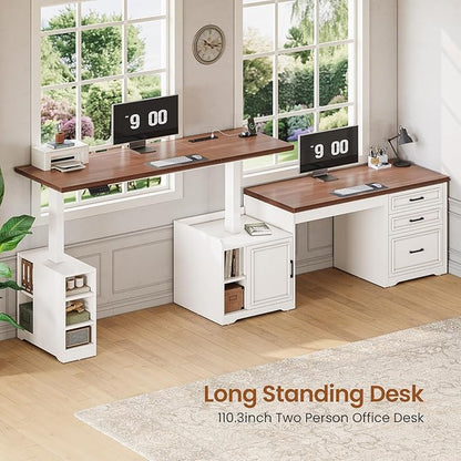 SEDETA Farmhouse L Shaped Electric Standing Desk, 63" x 67" Height Adjustable Home Office Executive Desk with Drawers and Shelves, Standing Computer Desks with Power Outlet for Home Office, White