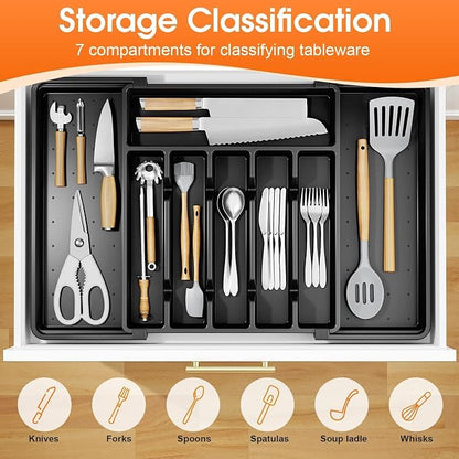 SpaceHacks Silverware Organizer，Adjustable & Expandable Utensil Drawer Organizer, BPA Free Utensil Holder, Cutlery Tray for Forks, Spoons, Knives in Kitchen, Large, Black