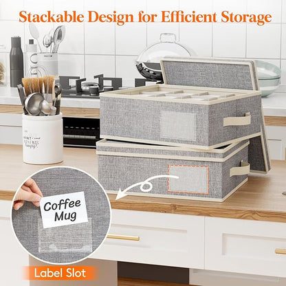 Lifewit 2 Pcs Coffee Mug Storage Box with Dividers, Stackable Cationic Hard Shell Stemware Containers with 24 Cells, Foldable Dustproof China Containers for Moving, Light Grey, 39 x33x14cm
