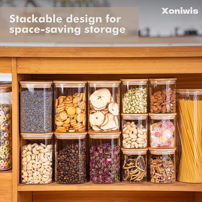 4-Pack 1.2Qt Square Glass Storage Jars with Bamboo Lids | Minimalist Kitchen Organizer,Pantry Storage Container,Food Storage Container,Scandinavian Style Storage,Nordic Style Storage