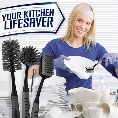 Dish Brush Set of 4 - Kitchen Scrub Brushes with Non-Slip Long Handle for Cleaning, Scrubber, Dishwashing, Dishes, Bottles, Straws, Cups, Pots & Sink, Black