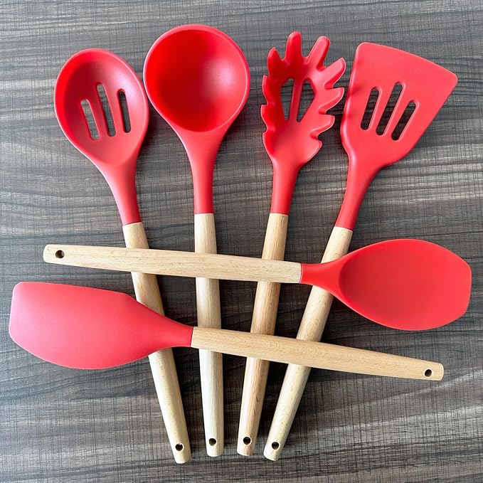 IOCBYHZ Kitchen Cooking Utensils Set 6Pcs Heat Resistant Silicone Kitchen Utensils Spatula Spoon Turner Ladle w Wooden Handle, BPA FREE Silicone Cooking Tool Gadget Set for Nonstick Cookware & Baking