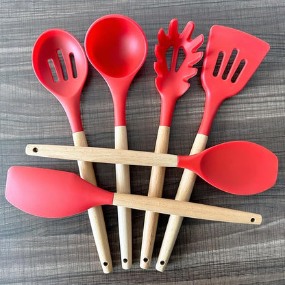 IOCBYHZ Kitchen Cooking Utensils Set 6Pcs Heat Resistant Silicone Kitchen Utensils Spatula Spoon Turner Ladle w Wooden Handle, BPA FREE Silicone Cooking Tool Gadget Set for Nonstick Cookware & Baking