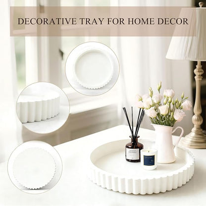 Decorative Tray for Coffee Table Decor, 11" Round Wooden Coffee Table Tray, Modern Decorative Trays for Home Decor, Living Room, Entry, Dining Room (White)