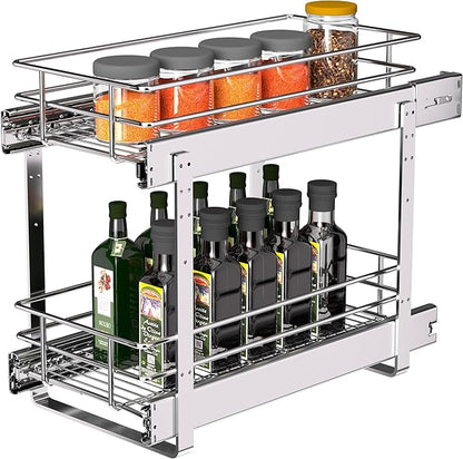 JOWBOOW (8" W x 22" D 2-Tier Narrow Cabinet Pull Out Shelves | Heavy Duty Slide Out Shelves for Kitchen Cabinets, 22 Inch Deep Under Cabinet Organizer, Chrome