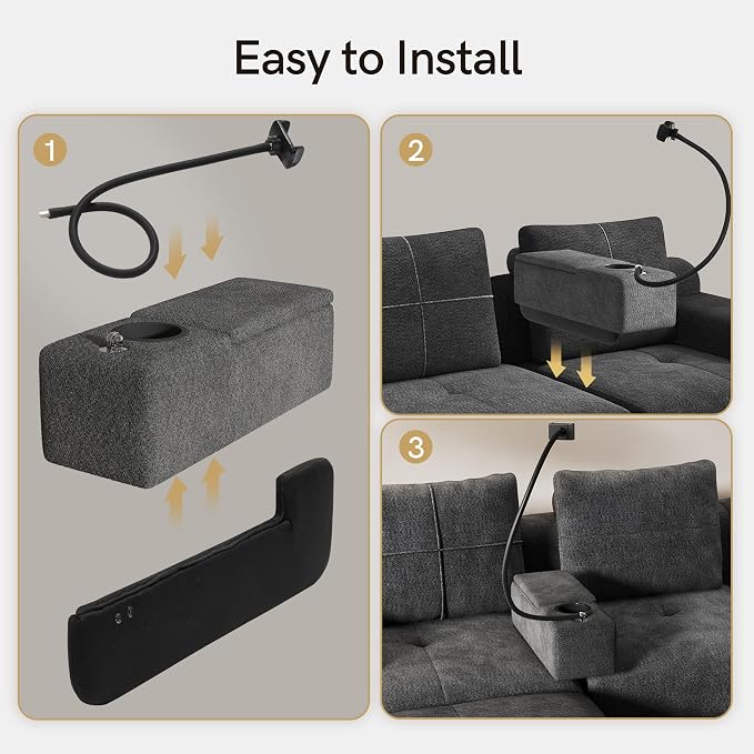 Multifunctional Couch Caddy Sofa Armrest with Couch Cup Holder, Charging Console, Phone Holder, Storage 20.3'' Removable Dark Grey Chenille Sofa Arm Rest Caddy Organizer for Sofas Couches