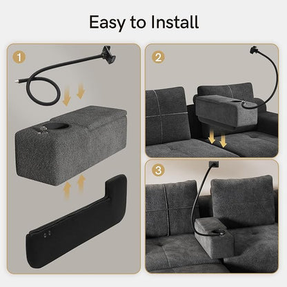 Multifunctional Couch Caddy Sofa Armrest with Couch Cup Holder, Charging Console, Phone Holder, Storage 20.3'' Removable Dark Grey Chenille Sofa Arm Rest Caddy Organizer for Sofas Couches