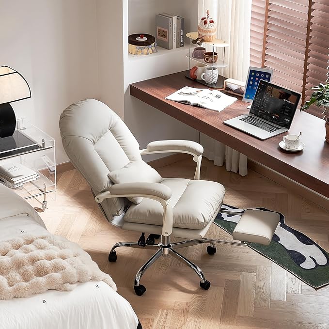 EMIAH Office Chair with Foot Rest Criss Cross Chair with Wheels Ergonomic Reclining Executive Office Chair Mid Back Genuine Leather Swivel Computer Chairs Lumbar Support for Home Office (Beige)