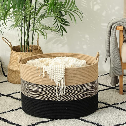 KAKAMAY Large Blanket Basket (20"x13"),Woven Rope Baskets for storage Baby Laundry Hamper, Cotton Rope Blanket Basket for Living Room, Laundry, Nursery, Pillows,Baby Toy chest (Jute/Black)