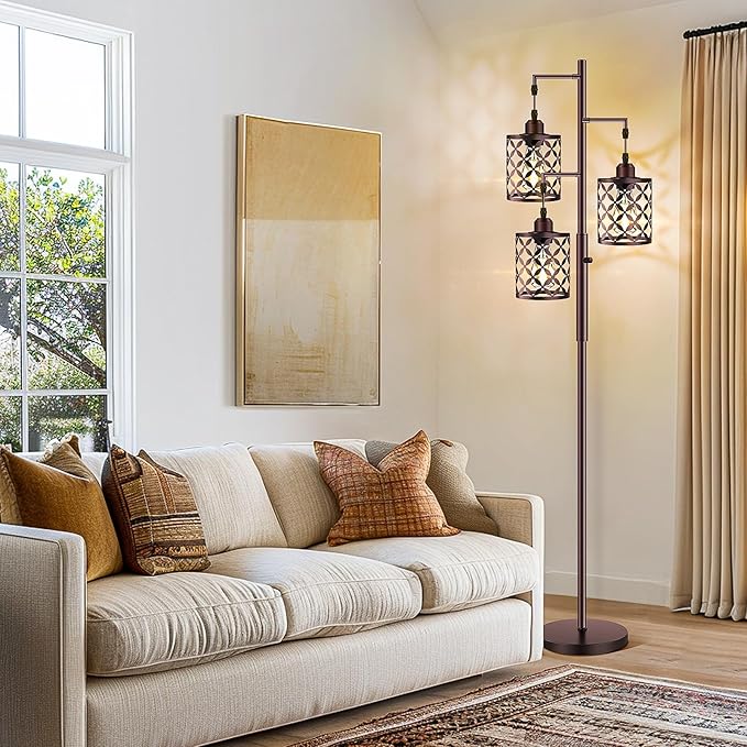 【Upgraded】72" Tall Dimmable Floor Lamp, Farmhouse Standing Lamp with Elegant Metal Cages, Industrial Tree Floor Lamps for Living Room, Bedroom, Study Room, Office (3 x 800LM LED Bulbs Included) -Brown