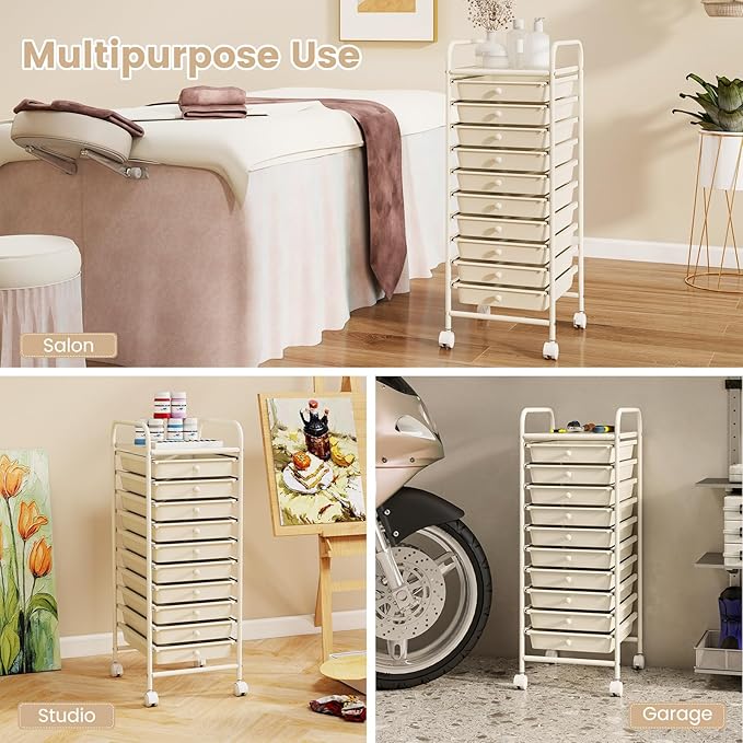RELAX4LIFE 10 Drawer Rolling Cart - Slim Storage Cart w/Lockable Wheels for Classroom School Teacher Office, Art Supplies Paper Scrapbook Craft Organizers, Utility Cart with Drawers (White)