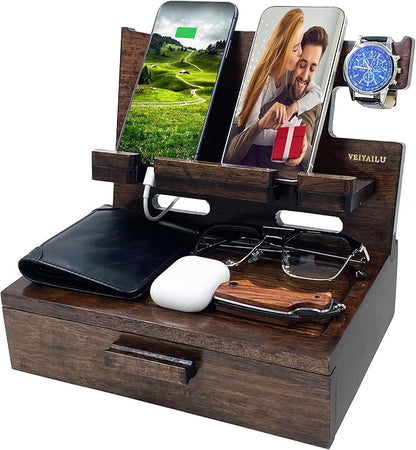 VEIYAILU Gifts for Men Women Husband Son Boyfriend Him Nightstand Organizer Wood Phone Docking Station Birthday Gifts (Walnut)