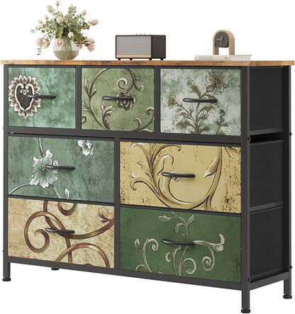 Sweetcrispy 7 Drawer Dresser, Fabric Storage Tower Organizer for Bedroom, Closet, Hallway, Entryway, Tall Chest of Drawers with Steel Frame, Wood Top, Large Storage, Floral Painted