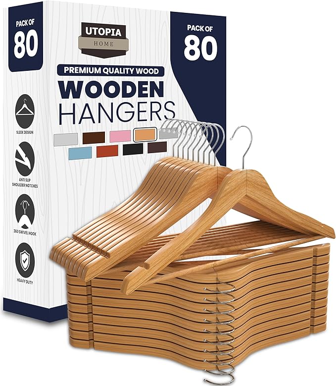 Utopia Home Premium Wooden Hangers 80 Pack - Durable & Slim Coat Hanger - Suit Hanger with 360-Degree Rotatable Hook - Wood Hangers with Shoulder Grooves (Natural Color)