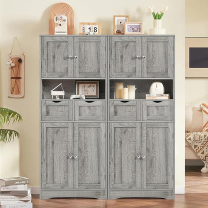 TEENFON 57.8" H Tall Storage Cabinet with 2 Drawers & 2 Adjustable Shelves, Bathroom Storage Cabinet with 4 Doors, Floor Cupboard, for Living Room, Dining Room, Entryway, Woodgrain Gray