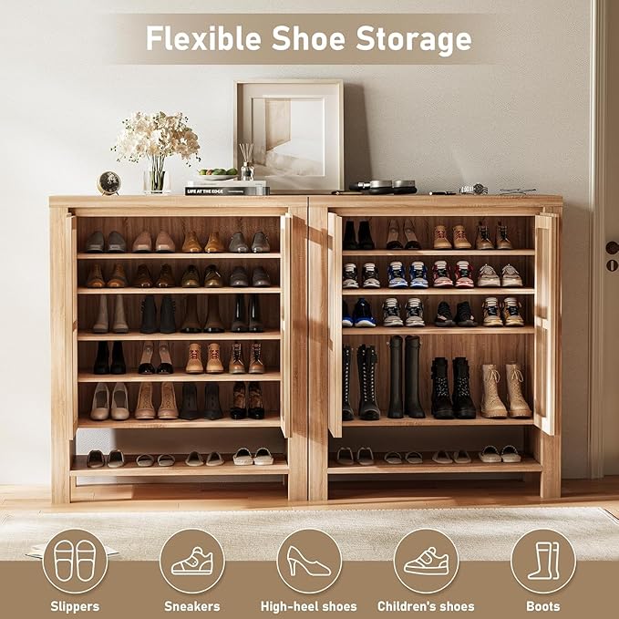 43" Tall Shoe Storage Cabinet with Doors, 8-Tier Entryway Shoe Cabinet with Adjustable Shelves, Contemporary Freestanding Shoe Rack Organization for Entryway Hallway Front Door