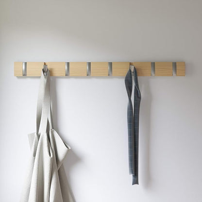 Umbra Flip Wall-Mounted Coat Rack with 8 Hooks – Modern, Space-Saving Storage for Hats, Jackets, Bags, Entryway, Mudroom, Closet, Bathroom, Bedroom – Natural/Nickel