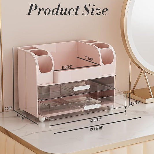 Delamu Large Makeup Organizer Countertop with 6 Brush Holders, Makeup Organizers for Vanity with 2 Large Drawers, Easy to Store Skincare, Lipsticks, Nail Polishes, Perfumes, Eyeshadow Palettes, Pink
