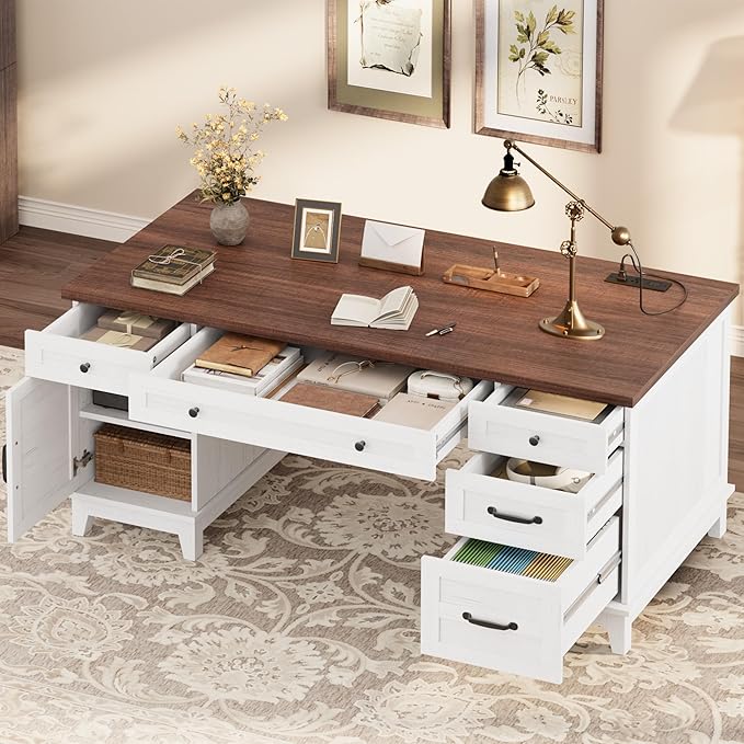 60" Executive Desk with Power Outlet, Home Office Desk with Drawers, Wooden Work Desk with File Cabinet, Computer Desk for Work, Study, Writing, White and Brown