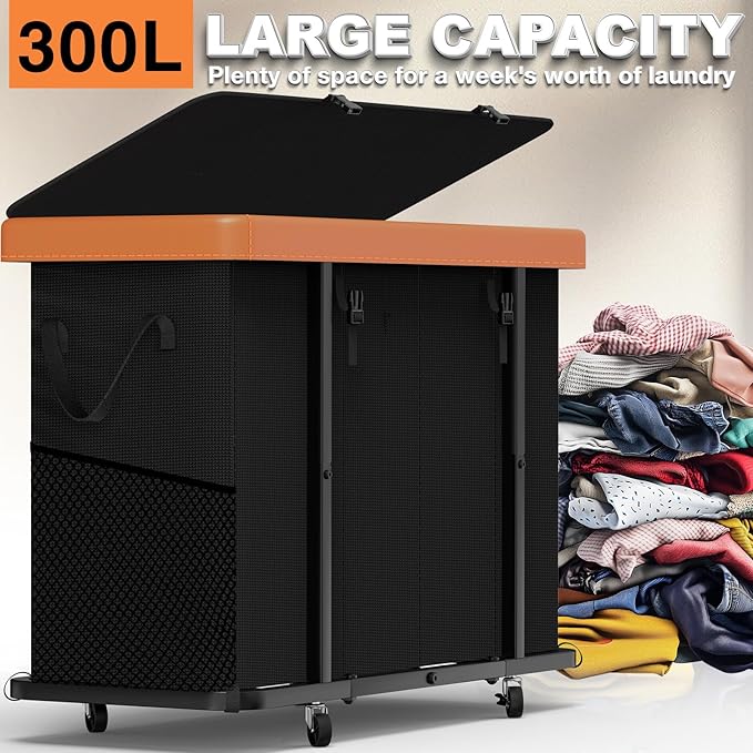 300L Large Fashion Laundry Basket with Wheels, Leather Patchwork Rolling Hamper Carts, Sturdy Metal Frame, Removable Washable Bag, Tall Clothes Sorter for Bedroom (Black, 4 Section-300L)
