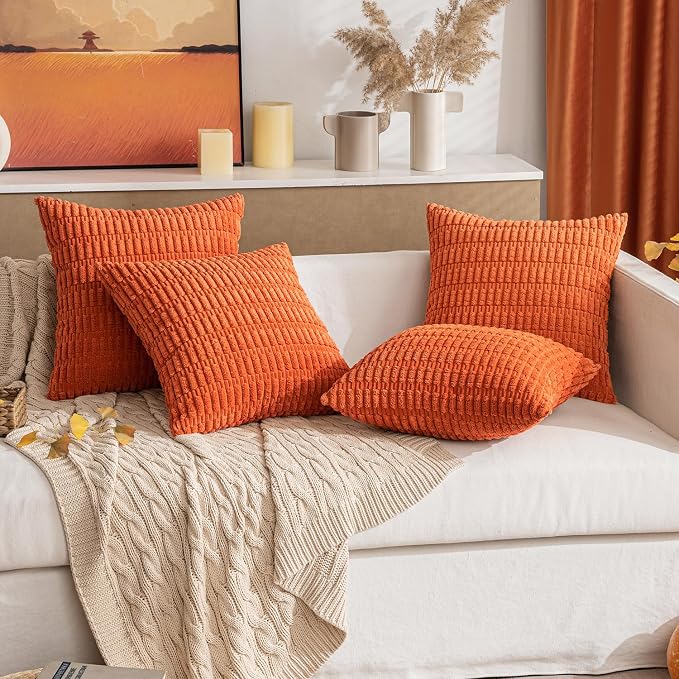MIULEE Pack of 2 Orange Corduroy Decorative Euro Sham Pillow Covers 22x22 Inch Soft Boho Striped Throw Pillow Covers Modern Farmhouse Home Decor for Summer Sofa Living Room Couch Bed