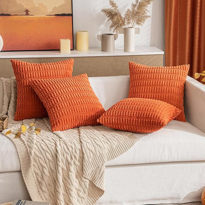 MIULEE Pack of 2 Orange Corduroy Decorative Euro Sham Pillow Covers 22x22 Inch Soft Boho Striped Throw Pillow Covers Modern Farmhouse Home Decor for Summer Sofa Living Room Couch Bed
