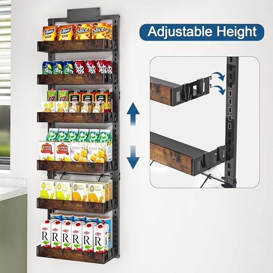 BUKFEN 6-Tier Over the Door Pantry Organizer, 2-in-1 Door Hanging or Wall Mounted Spice Rack with Adjustable Wooden Baskets, Heavy Duty Metal Storage Shelf, 12 Hooks for Kitchen, Bathroom, Closet