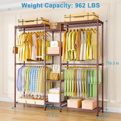 Ulif E4 Clothes Rack, Heavy-Duty Garment Rack, Metal Freestanding Clothing Organization Storage System Can Be L-Shaped with Shelves and Hangers, Max Load 962lbs, 71.6" W x 14.5" D x 79.3" H, Bronze