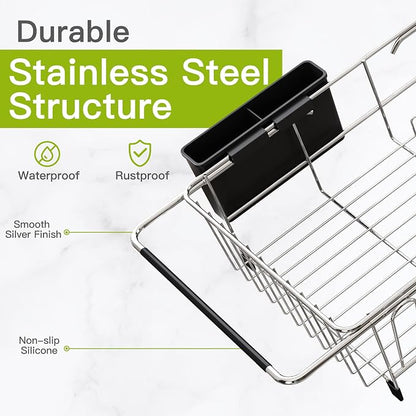 JASIWAY Dish Drying Rack in Sink with Mat, Expandable Stainless Steel Dish Drainers for Kitchen Counter, Space Saving Dish Dryer Rack for Inside Sink, Over Sink Dish Racks with Utensil Holder