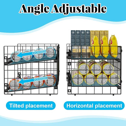 2-Pack Stackable Can Organizer for Pantry Shelf, Adjustable Extra-Long Rolling Can Rack for Kitchen Cupboard Storage, Sturdy Standing Can Holder for Canned Food Goods Soda up to 100, 2 Tier, Black