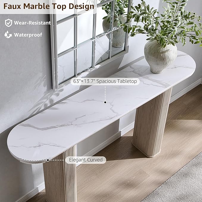 OKD 63" Modern Console Table with Arc Faux Marble Texture Top, Fluted Wood Base, Contemporary Entryway Sofa Table for Living Room, Hallway, Foyer, White Alder