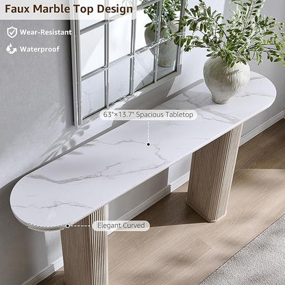 OKD 63" Modern Console Table with Arc Faux Marble Texture Top, Fluted Wood Base, Contemporary Entryway Sofa Table for Living Room, Hallway, Foyer, White Alder